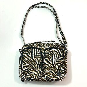 lug Navigator bag in white, black and d brown animal print, EUC